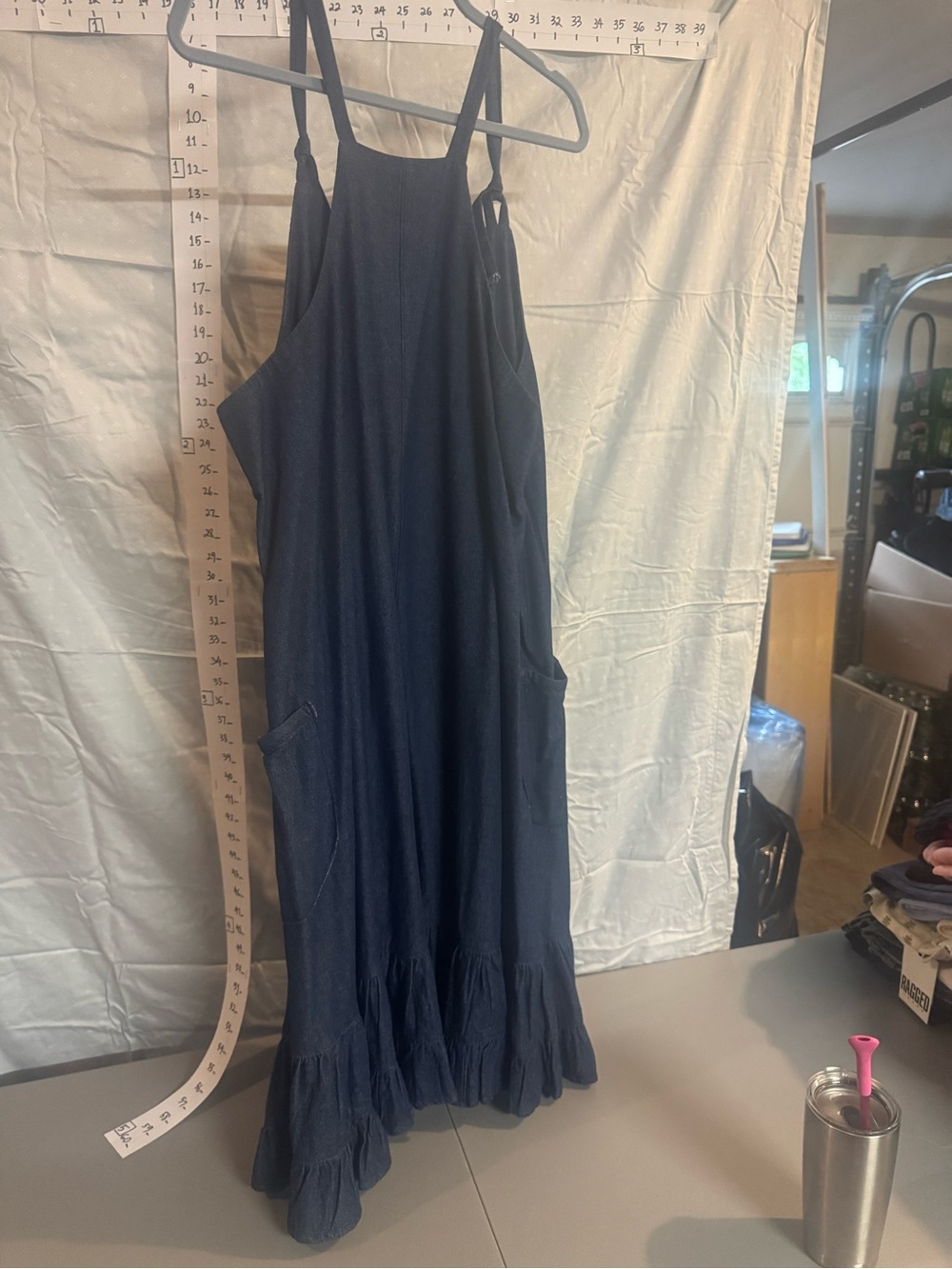 Undyed Navy Linen Denim Blend Ruffle-Hem Sundress - Picture 2 of 4